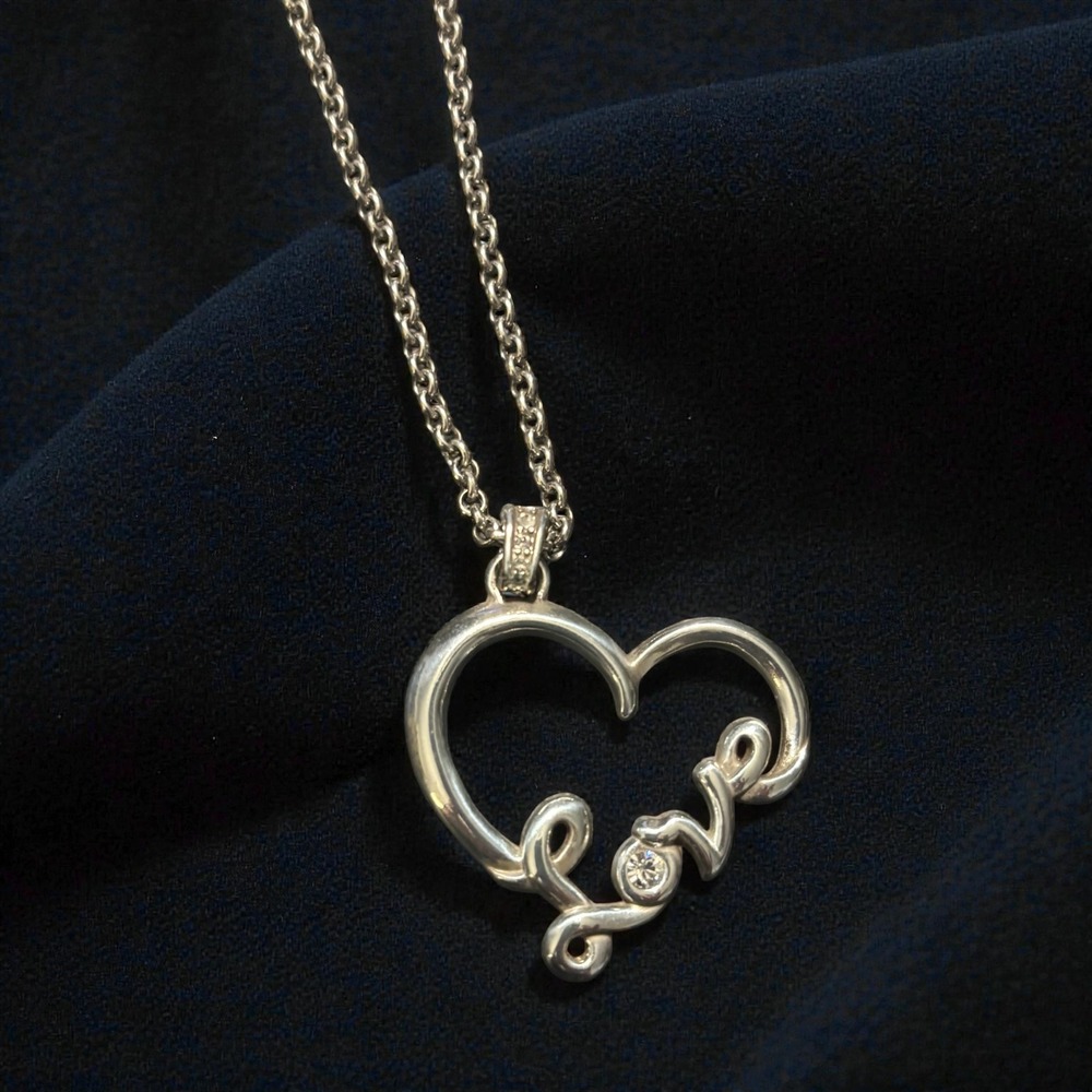 Brighton‎ Silver Tone Love Script Heart Pendant Necklace Crystal Accents